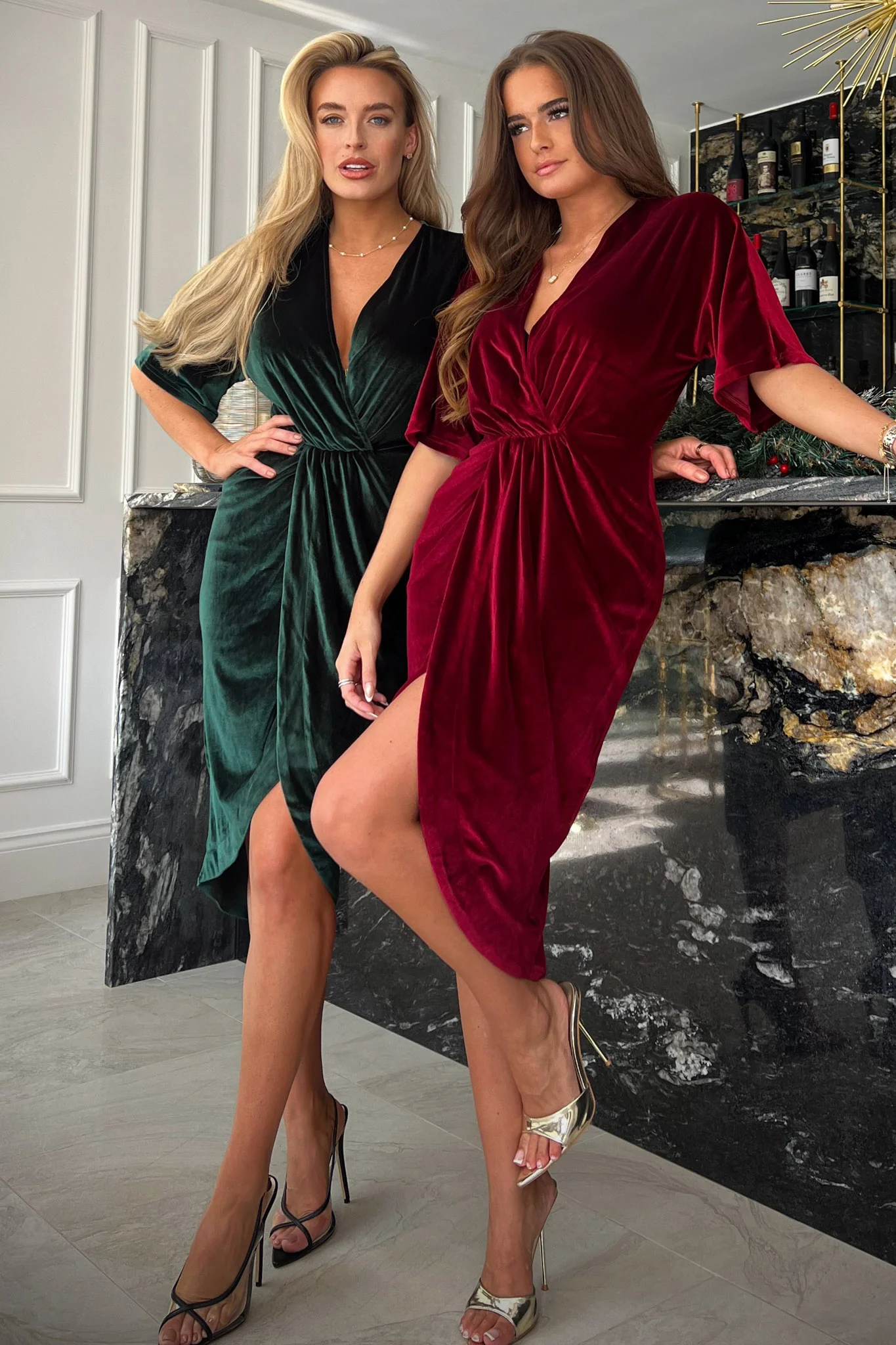 Siena Wine Velvet Wrap Detailing Midi Dress - Image 3